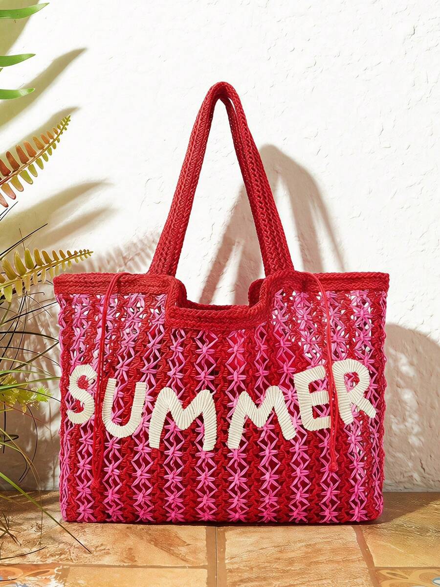SHECARRY Women's Fashionable Spring And Summer Nautical Style Two-Color Striped Letter Design Shoulder Bag, For Beach, Vacation, Seaside - Rose Red - View 1