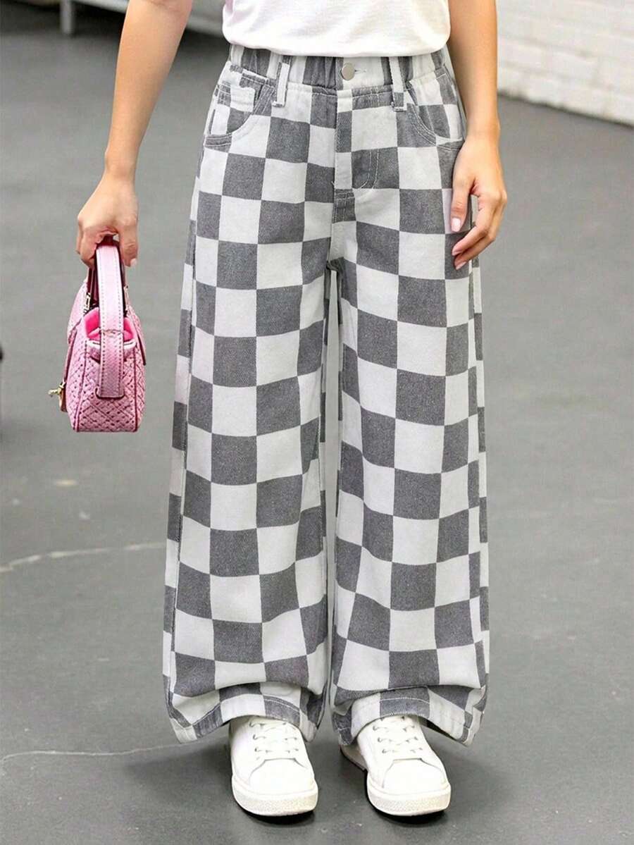 女童牛仔褲 開學季秋冬新品 可愛休閒 粉色格紋 寬鬆寬腿 柔軟日常穿著 幼兒校園通勤牛仔褲 - 灰色 - 查看 1
