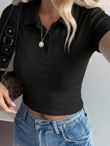 Dazy-Less Summer Autumn June Festival Collared Short Sleeve Button-Up Slim Fit Solid Black Ribbed Knit Cropped Tank Top For Women - Black - View 4