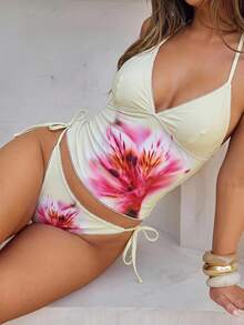 Swim Glamine Summer Sweet Sexy Tropical Cherry Plaid Tank Bikini Set Beach Party White Floral - Light Yellow - View 5