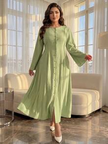 SHEIN Lady CURVE 春秋新款优雅休闲通勤日常旅行度假喇叭袖纽扣前襟喇叭下摆复古腰A字浪漫日常通勤办公室工作波西米亚风连衣裙 - 薄荷綠 - 查看 5