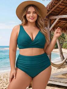 SHEIN CURVE+ Plus Size Women Summer Beach Solid Color Ruched Sexy Bikini Top And Triangle Bottom Two-Piece Swimwear Set - Blue - View 4