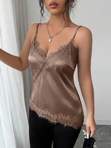 Rafferiza 女款優雅法式蕾絲拼接細肩帶背心 - 摩卡棕 - 查看 3