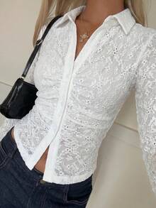 SHEIN EZwear 女款鏤空刺繡長袖單排扣休閒浪漫優雅上衣，白色花卉，適合早午餐、日常、約會，秋季款 - 白色 - 查看 4