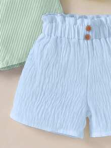 SHEIN Sparklyn 4件組女童條紋鬆緊腰寬鬆夏季短褲套裝 返校季 - 彩色 - 查看 6
