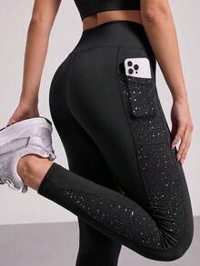 SHEIN Tween Girl 撞色拼接手機袋明線縫線活動緊身褲 - 黑色 - 查看 1