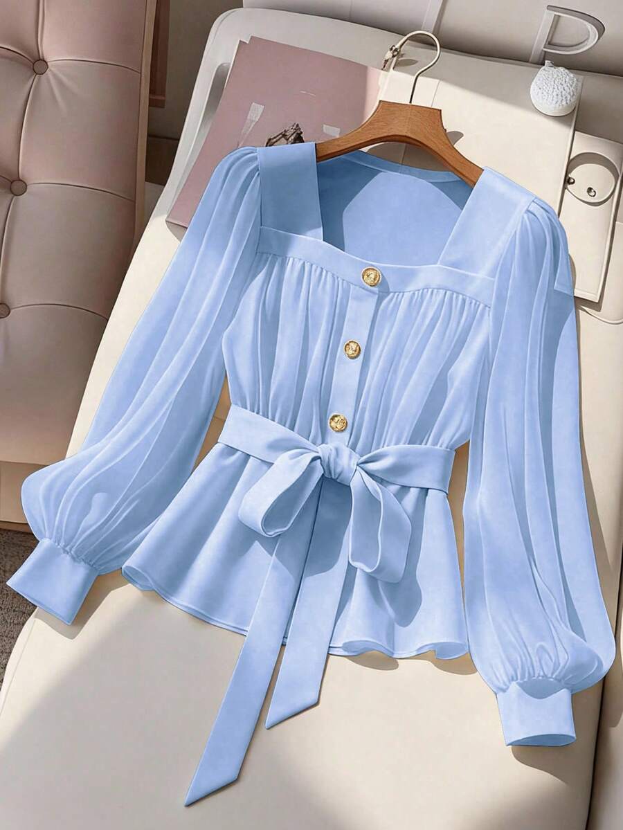 GlowEve CURVE Blus Wanita Ukuran Plus Elegan untuk Perjalanan, Lengan Lentera, Motif Blok Warna, Kemeja Lipit Sinar Matahari, Musim Semi, Musim Gugur - Biru - View 1