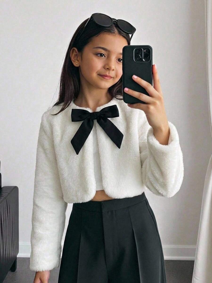 SHEIN 青少年女孩秋冬極簡風人造毛大衣,可拆卸黑色蝴蝶結,適合派對與街頭穿搭 - 白色 - 查看 1