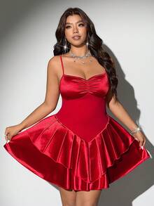 Viva Relle Plus-Size Women's Satin Double-Layered Pleated Spaghetti Strap Sexy Dress - Red - View 2
