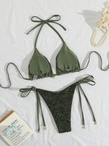 Costavie Swim Basics 2-Piece Spring/Summer Beach Vacation Sequin Textured Fabric Pearl Decor Halter Triangle Bikini Top And Side Tie Bikini Bottom Sexy Bikini Set - Army Green - View 2