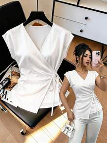 Franclia Plus Size Women's French Casual Elegant V-Neck Short Sleeve T-Shirt Wedding Guest White Summer - White - View 9