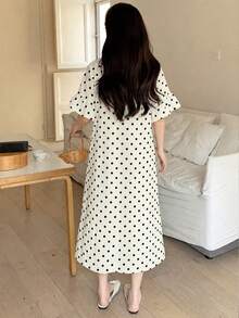 SHEIN 青少年女孩休閒寬鬆極簡圓領長洋裝，荷葉邊袖口家居服，適合春夏穿著 - 彩色 - 查看 2