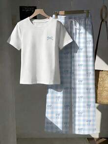 Attitoon 2pcs Set Embroidered Round Neck Short Sleeve Top And Striped Print Pants, Casual - Baby Blue - View 5