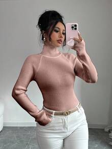 SHEIN Y2K Elegant Outdoor Knit Pullover Sweater For Travel, Commute, Holiday And Daily Wear - Khaki - View 3