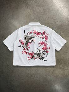 Manfinity ZONE917 寬鬆方正短版街頭風刺繡櫻花與仙鶴印花白色短袖襯衫，適合春夏，送給朋友的禮物 - 白色 - 查看 5