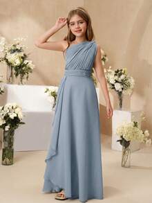 SHEIN Elegantes BlumenTween Mädchen-Kleid für Tween Mädchen zur Hochzeit, gerüschter Chiffon-Schal, wadenlang, formelles Abendkleid im Prinzessinnenstil für Tween Mädchen, für Herbst und Winter - Blau - Übersicht 8