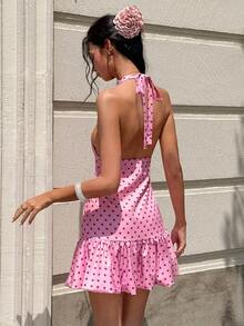 Cévolie Women's Metal Buckle Polka Dot Print Ruched Halter Neck Tie Waist Dress Vacation Pink Summer Vintage Romantic Old Money Tropical Cute - Multicolor - View 4