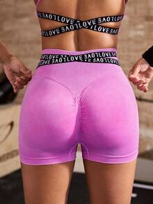 Powerista Contrast Color Letter Webbing Trim Fitted Sports Shorts Fitness Workout Yoga Running Gym Pink Fashion Summer Autumn Casual - Pink - View 4