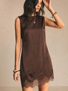 Poéselle Women's Solid Color Round Neck Lace Hem Sleeveless Short Dress Dinner Date Date Night Dark Brown Summer Minimalist Elegant - Brown - View 3