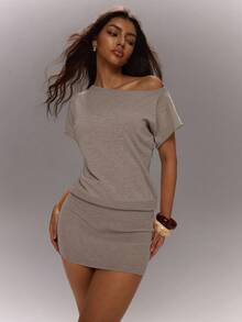TypaGal Women's Solid Color Asymmetric Neck Short Sleeve Fitted Casual Basic Minimalist Knit Dress Brunch Date Everyday Going Out Grey Autumn - Cream - View 3
