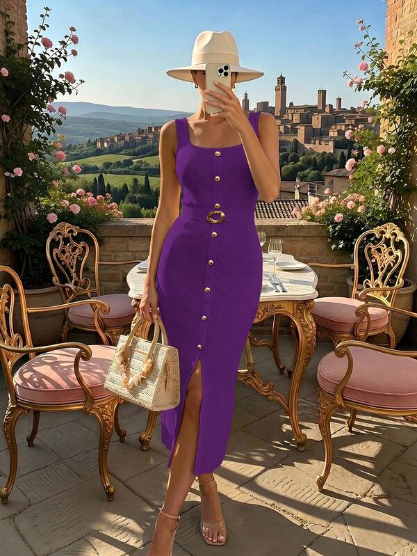 Balvessa Square Neck Sleeveless Metal Buckle Belt Waist-Cinching Front Slit Slim Fit Bodycon Fashion Elegant Women's Dress Brunch Vacation Purple Autumn