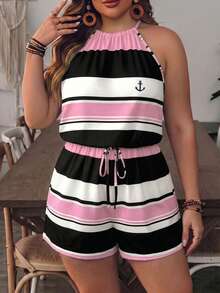 EMERY ROSE Mono casual de uso diario para mujer talla grande con estampado de ancla, plisado, bloques de color y cuello halter - Rosa - Ver 1
