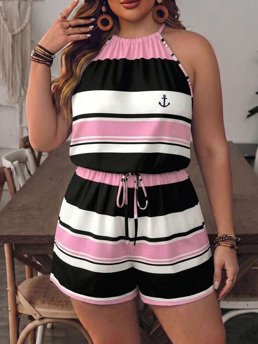 EMERY ROSE Mono casual de uso diario para mujer talla grande con estampado de ancla, plisado, bloques de color y cuello halter - Rosa - Ver 1