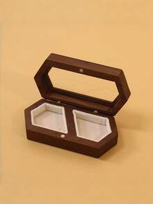 1 Pack Double Compartment Black Walnut Wood Vintage Shaped Ring Box With Clear Viewing Window Soft Velvet Lining Secure Magnetic Closure For Wedding Band Storage Engagement Proposal Anniversary Valentine Gift - Multicolor - View 2