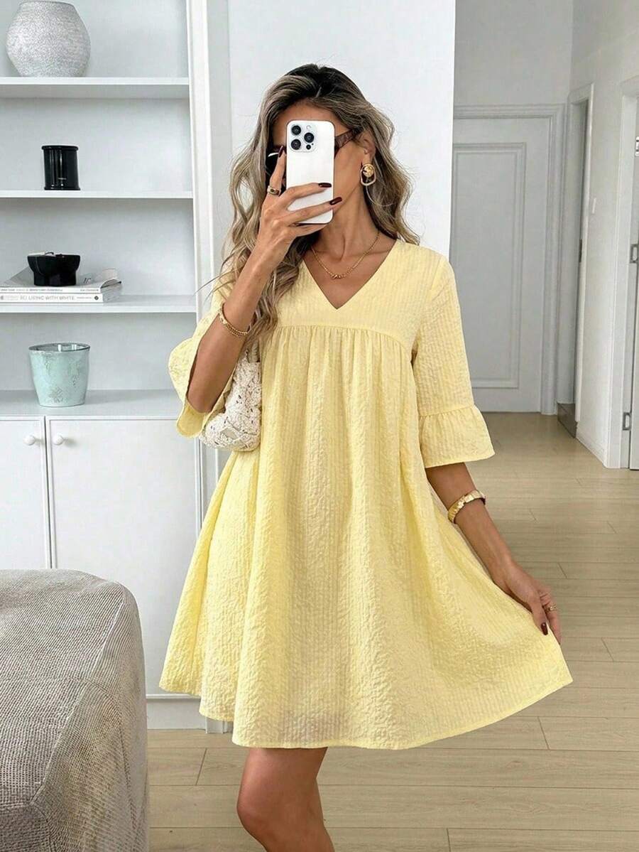 Easowa Women's V-Neck Pleated Casual Cute Elegant Sexy Everyday Dress Vacation Pastal Autumn Cotton Comfortable Beach Garden Party Brunch Golf Light Yellow - Light Yellow - View 1