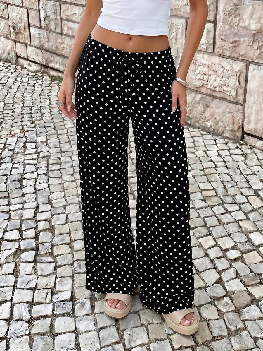 Avantive Women's Polka Dot Casual Versatile Daily Wear Wide Leg Long Pants - Black - View 1