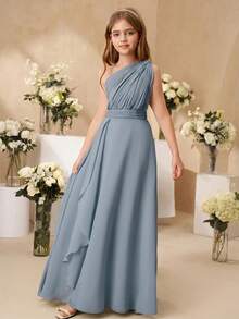 SHEIN Elegantes BlumenTween Mädchen-Kleid für Tween Mädchen zur Hochzeit, gerüschter Chiffon-Schal, wadenlang, formelles Abendkleid im Prinzessinnenstil für Tween Mädchen, für Herbst und Winter - Blau - Übersicht 7