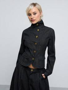 COUREZ Funnel Neck Jacket In Rinse Wash Denim/Y2K Jean Jacket Jean Tops For Women Cute Tops Long Sleeve Tops Concert Outfit Women Club Outfits For Women Fall - Black - View 5