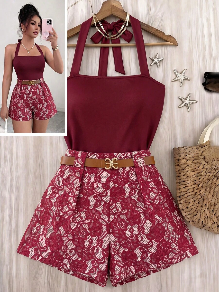 Selianne Women's Fashion Solid Color Halter Tie Tank Top And Lace Ruffle Shorts Set - Burgundy - View 1