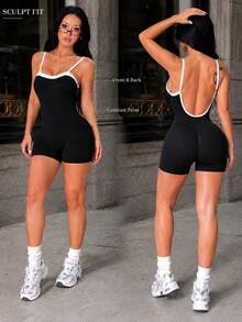 SHEIN Sports 1pc Black Contrast Trim Sports Romper, Adjustable Straps, Low Back, Bodycon Fit, Workout - Black - View 5