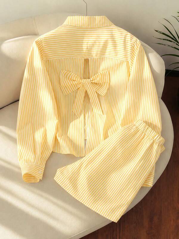 Teen Girls 2pcs/Set Collared Open Front Back Bow Colorblock Shirt And Colorblock Shorts S Mini Set, Fall, Cute, Casual, Outfit
