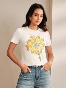 Anewsta Floral Print Casual Romantic Round Neck Short Sleeve T-Shirt Everyday White Summer - White - View 5