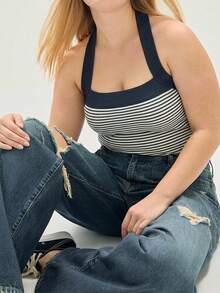 Levarali Women's American Retro Style Casual Tropical Navy Blue Ribbed Knit Camisole - Fitted Sleeveless Top Vacation Summer Formal - Navy Blue - View 8