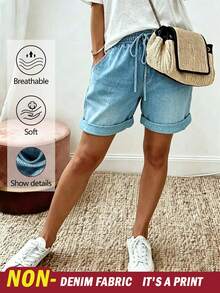 EMERY ROSE Shorts de talla grande con efecto de estampado de denim, cintura con cordón y bolsillos - Azul - Ver 1