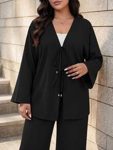 SHEIN Lady CURVE 大尺碼女款兩件套，優雅休閒修身長袖前綁帶上衣與高腰長褲，秋季休閒居家服，黑色度假風 - 黑色 - 查看 3