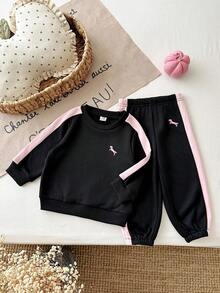 SHEIN Vintaside Kids 2件組女嬰2026秋冬新款黑色百搭休閒可愛動物圖案刺繡長袖衛衣套頭衫與運動長褲套裝，時尚百搭寬鬆休閒極簡運動風，適合日常休閒舒適穿著與戶外玩耍 - 黑色 - 查看 6