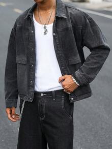 STEELVANCE 男士單排扣休閒百搭日常牛仔夾克 - 黑色 - 查看 8