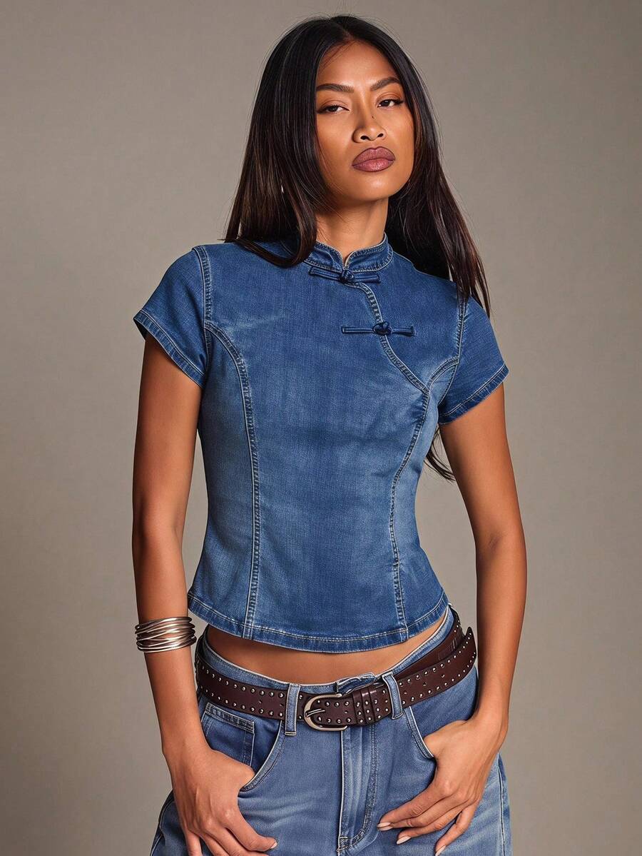 SHEIN BAE Women's Casual Stand Collar Versatile Daily Wear Top Everyday Blue Summer - Blue - View 1