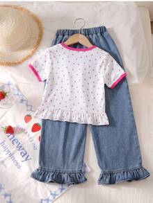 SHEIN 2pcs/Set Girls Toddler Lace Embroidery Patch Heart Pattern Print Colorblock Short Sleeve T-Shirt And Casual Ruffle Hem Pocket Straight Leg Denim Jeans Outfit, Summer - White - View 4