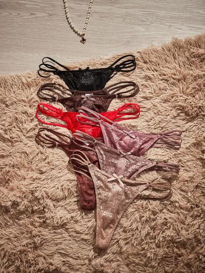 HautHeat Set de 7 piezas de lencería romántica y sexy con tanga de encaje y moño