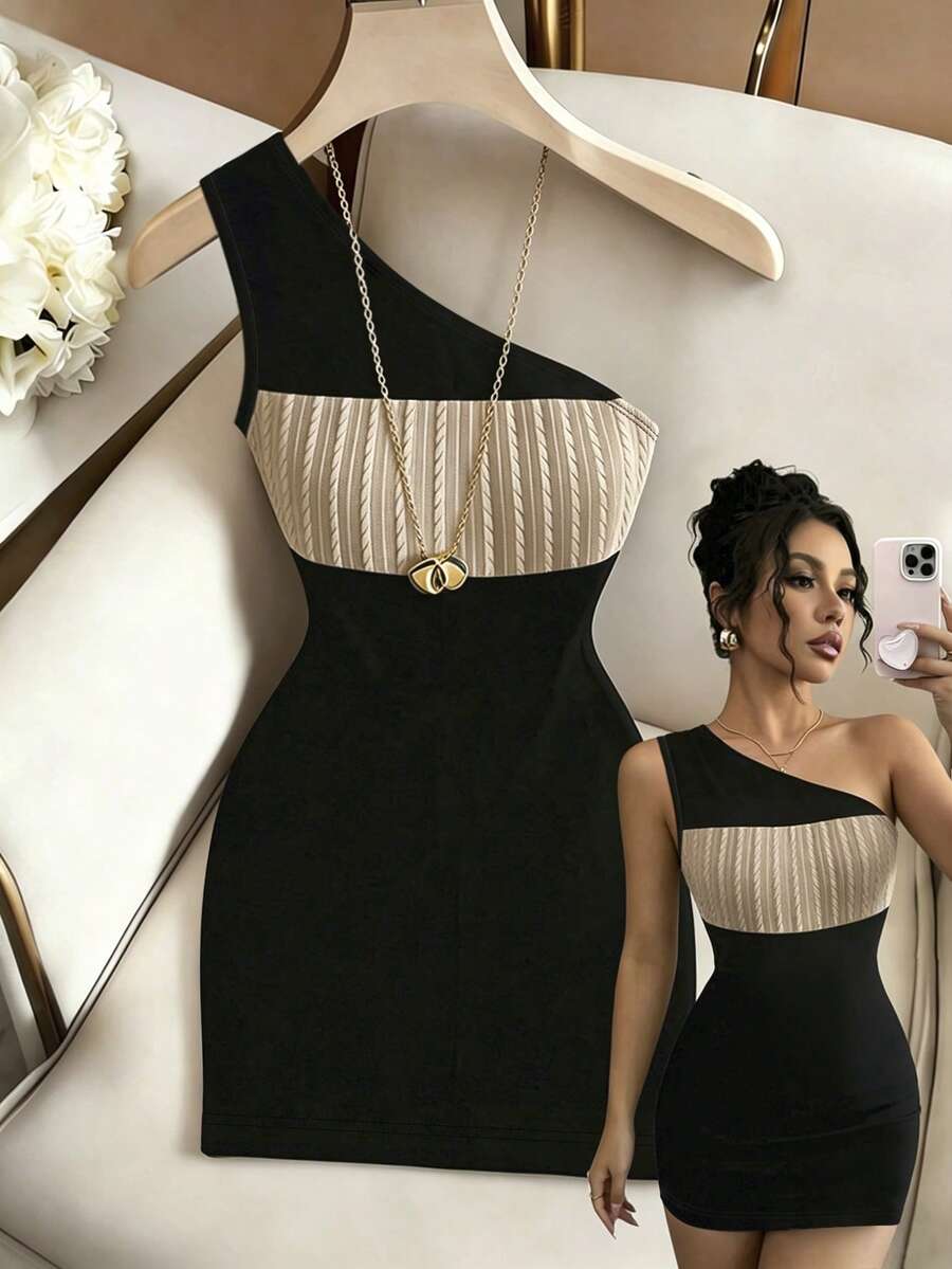 Franclia Fashion Slim Sexy Asymmetric Neck Textured Patchwork Short Dress For Women - Black - View 1