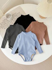SHEIN LMoss Kids LMoss 女嬰 4件組可愛針織純色長袖連身衣，適合秋冬穿著 - 霧霾藍 - 查看 5