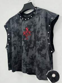 Manfinity EMRG Camiseta sin mangas para hombre con patrón de letras, gran copo de nieve y cuentas de burbuja - Negro - Ver 2