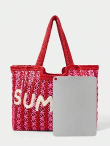 SHECARRY Women's Fashionable Spring And Summer Nautical Style Two-Color Striped Letter Design Shoulder Bag, For Beach, Vacation, Seaside - Rose Red - View 7