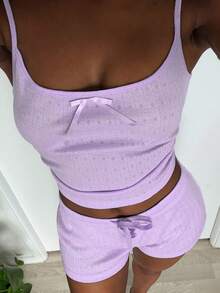 Livesso 女款蝴蝶結裝飾細肩帶上衣與短褲休閒居家服套裝 夏季睡衣 - 淡紫色 - 查看 4
