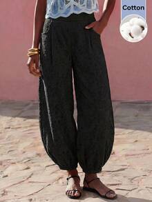 Maija Women's Solid Color Hollow Embroidery Cuffed Long Pants Suitable For Autumn Daily Wear Brunch Beach Vacation Black Boho Conservative Flowy - Black - View 4